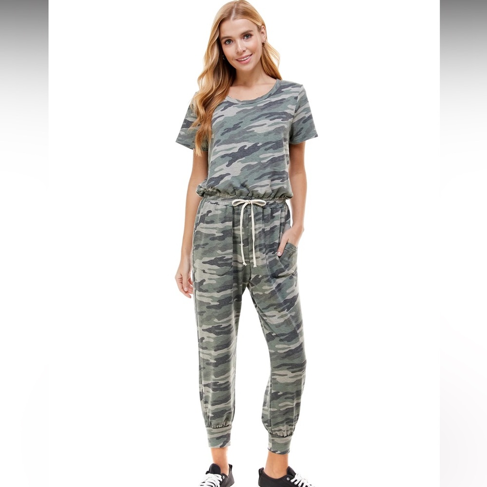 Loving People - Camo French Terry Jumpsuit - asymmetrical off shoulder.